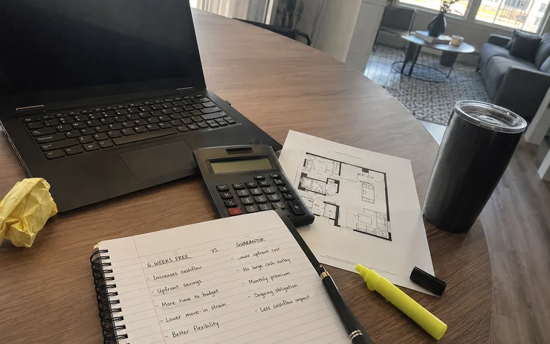 Calculator and notepad comparing a six-weeks-free concession against a guarantor premium