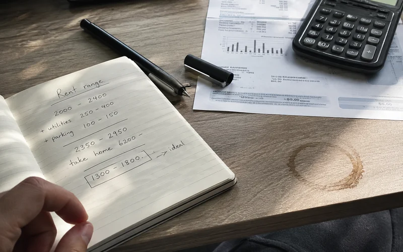 Handwritten rent range calculation on a notepad beside a utility bill and a calculator