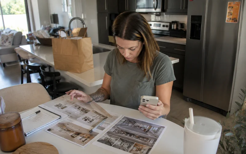 Person comparing printed apartment listings spread across a kitchen table with a phone in hand