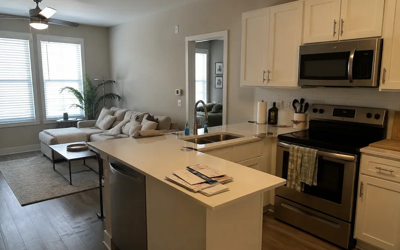 Small apartment interior with beige walls, white blinds, and sparse furniture