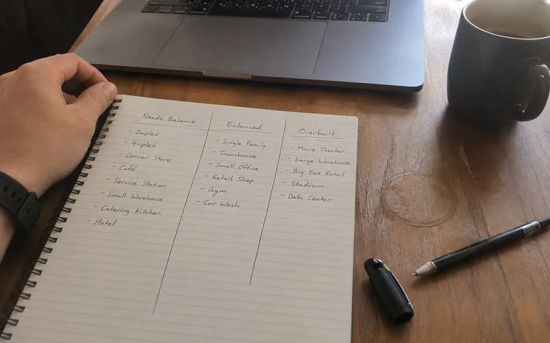 Three labeled columns handwritten on a notepad sorting properties by balance posture