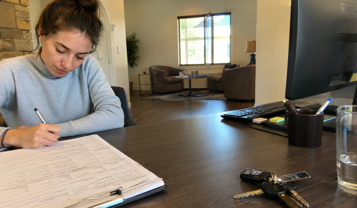 Fort Worth Second Chance Team reviewing a rental application at a leasing office desk