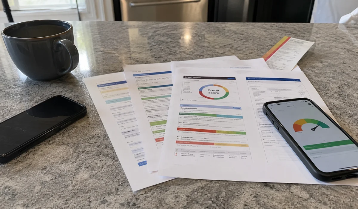 Credit report and phone showing rental screening score on a Fort Worth kitchen counter